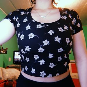 Black crop top with white floral pattern